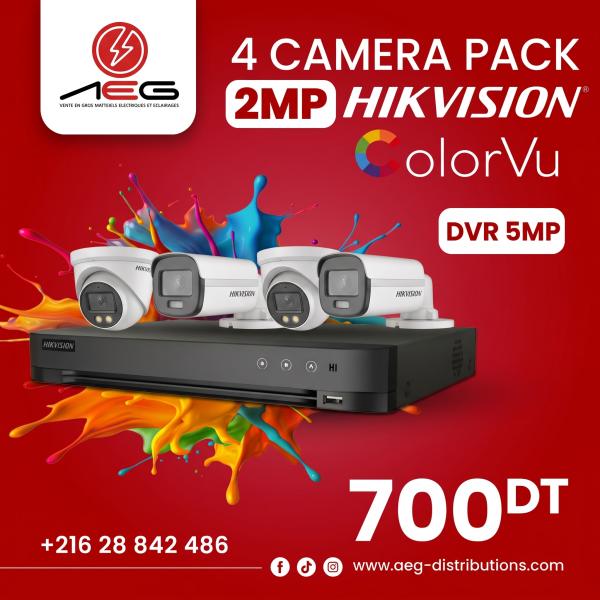 Pack 4 Caméras Hikvision ColorVu (2 MP) + DVR 5MP